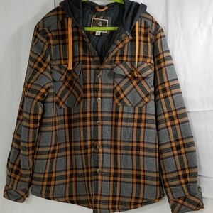 LEGENDARY OUTFITTERS, Men's Plaid Hooded Shirt Jacket in Gray and Orange